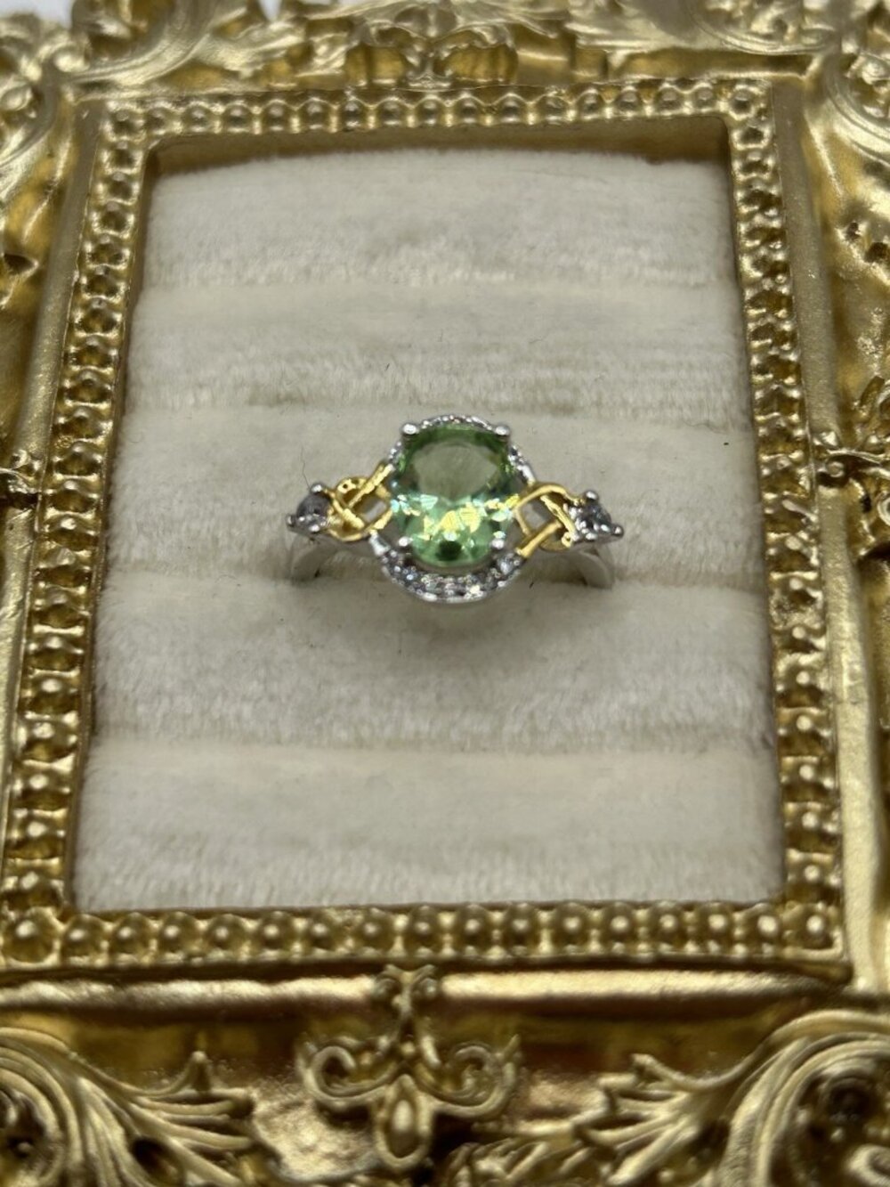 Sterling Silver Ring S925 Green Oval Gemstone w/ Gold Accents & CZ Halo Sz 7 - Picture 6 of 13